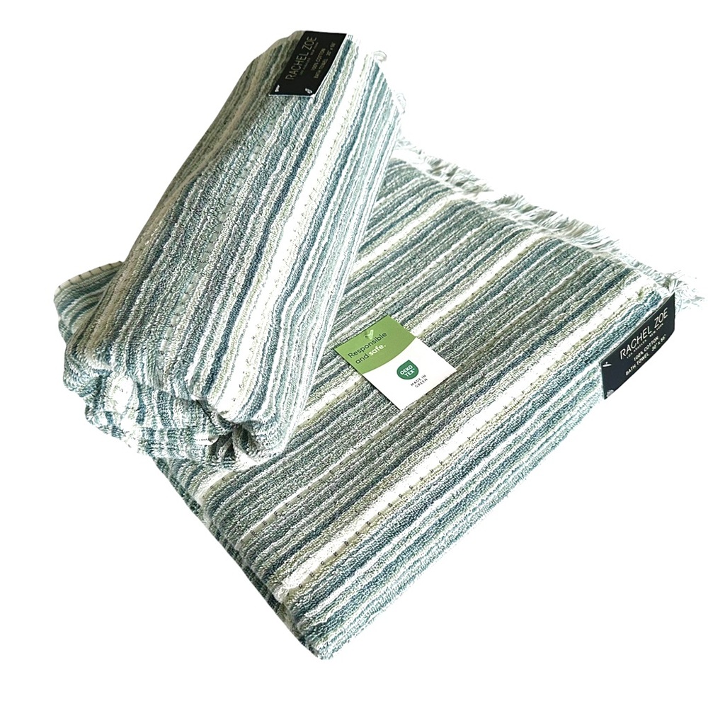 Rachel Zoe 2 Pc Cotton Bath Towels Set Grayish/ Blue & Ivory Stripes W/ Fringe